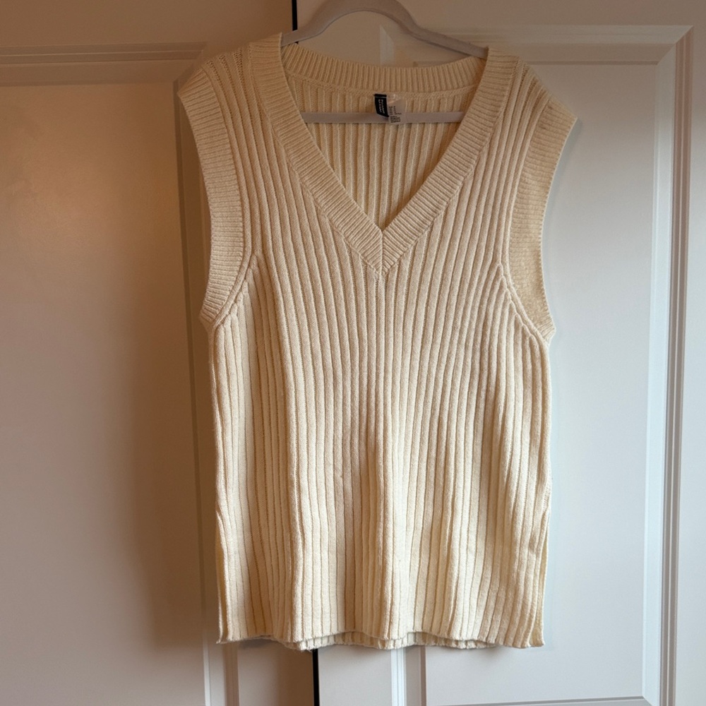 H&M Cream Ribbed V-Neck Knit Sweater Vest Dress